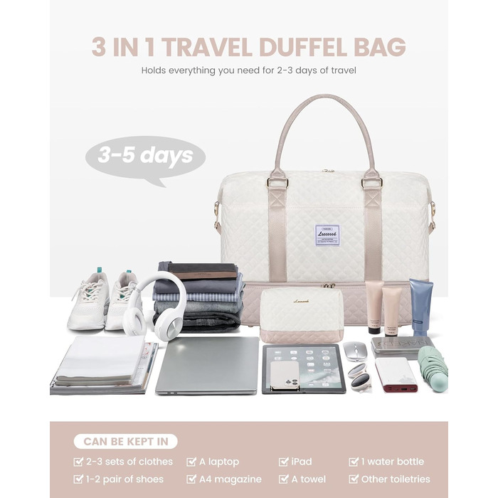 Спортивна сумка LOVEVOOK для жінок з відділенням для взуття, ручна поклажа, сумка для подорожей, вікенд, дуфл, сумка для подорожей, ручна поклажа, клінічна сумка, набір для пологів, для спортзалу, пляжу, сауни, кемпінгу, XL, 2 шт., Бежевий, Ніжний рожевий