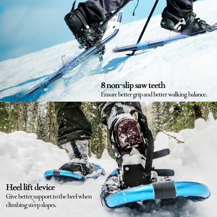 Снігоступи KinZon 3-в-1: легкі, міцні, з трекінговими палками та сумкою, підйом на п'яті, для походів, зелені, 63.5 см (для ваги 54-86 кг)