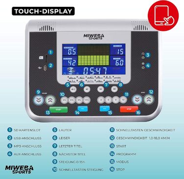 Електрична бігова доріжка Miweba Sports HT5000, 7 к.с., 18 км/год, нахил до 15%, до 150 кг, додаток, складана, велика бігова поверхня, 12 програм, домашній тренажер, фітнес-обладнання, чорна