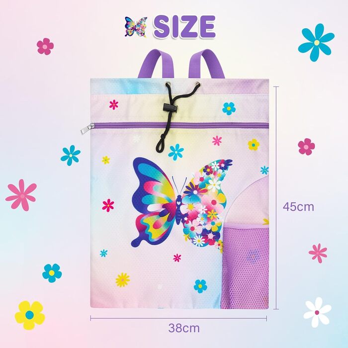 Спортивна сумка WAWSAM для гімнастики з шнурком - 38 × 45 см. Дитяча водонепроникна сумка для плавання, пляжу, покупок (Метелик)