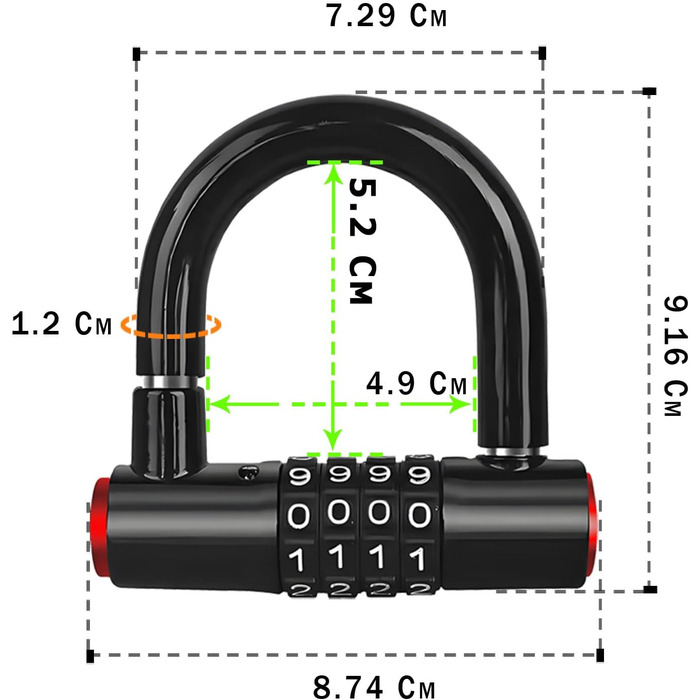 Замок для велосипеда комбінований (4 цифри) - сталевий U-Lock, захист від крадіжки, вологостійкий, з чохлом. Підходить для електровелосипедів, гірських велосипедів, міських велосипедів