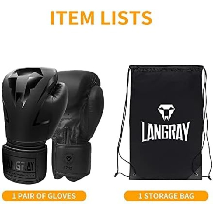 Боксерські рукавички LangRay з штучної шкіри, 14oz, чорні - для боксу, MMA, спарингу, чоловічі та жіночі