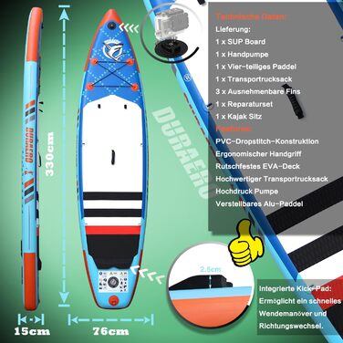 Надувна SUP-дошка 330x76x15 см, до 150 кг, з сидінням для каяка, тримачем для камери, повний комплект аксесуарів (весло, насос, рюкзак), синя