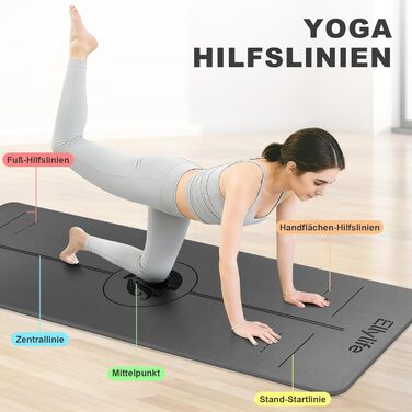 Протиковзкий килимок для йоги, пілатесу та фітнесу з еко-натурального каучуку та TPE, з лініями розмітки та ременем для перенесення, темно-сірий, 4 мм
