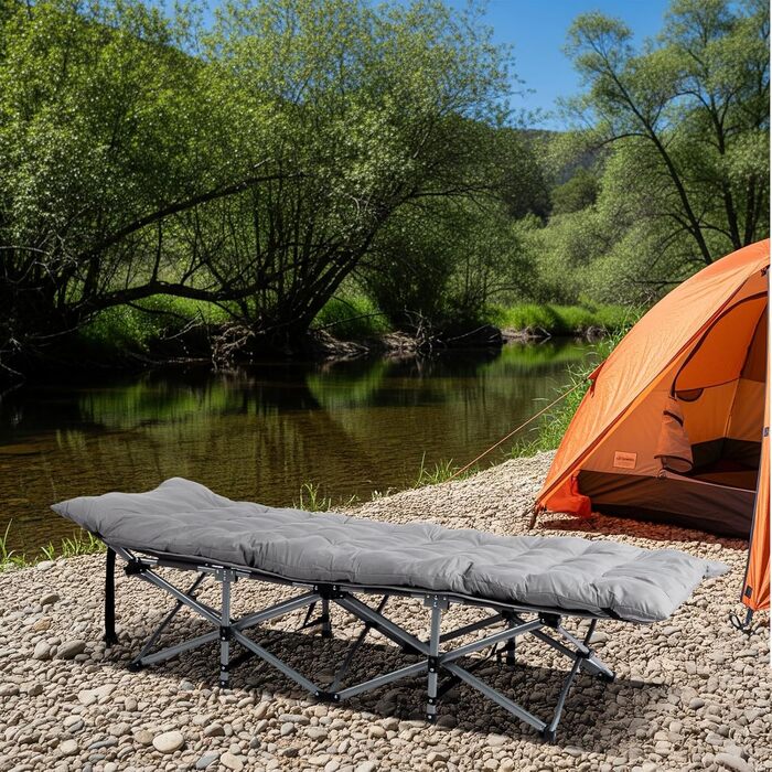 Розкладне ліжко LEADZM для кемпінгу з матрацом, 190x71x36 см, сталевий каркас, сірий