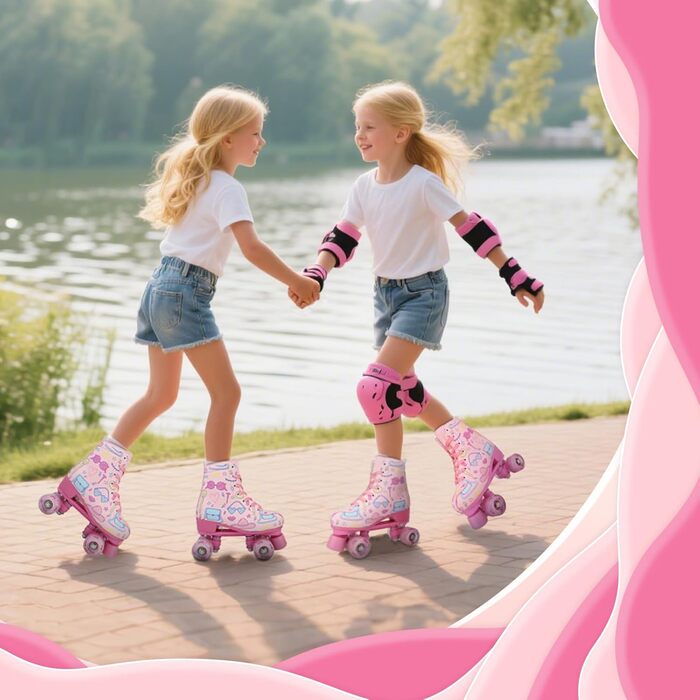 Роликові ковзани XUDREZ з підсвічуванням для дітей та дорослих, рожевий принт, Quad-Skates, регульовані, для дівчаток, дам та початківців, розмір 34