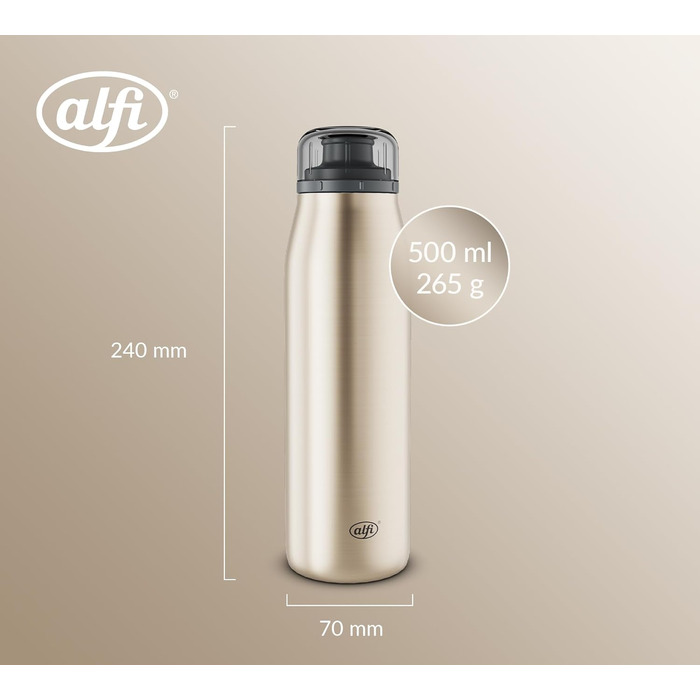 Термос-пляшка alfi ISO 500 мл, золото шампань, нержавіюча сталь, герметична, для газованих напоїв, BPA-free, зберігає тепло 12 годин, холод 24 години
