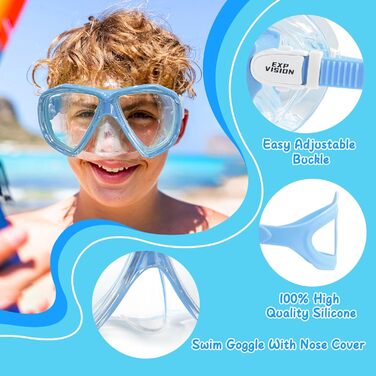 Дитячі окуляри для плавання Kinder Taucherbrille 180° Антизапітніювальні, з загартованим склом та захистом носа, для хлопчиків та дівчаток 4-15 років (Сині)