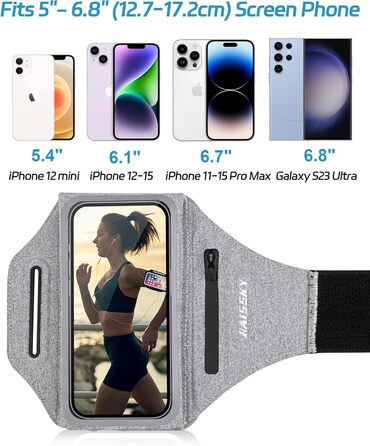 Чохол-тримач для телефону на руку Razobws для бігу з кишенею для навушників, сумісний з iPhone 17 16 15 14 13 12 11 Pro Max, Galaxy S24 S23 Ultra, чорний/сірий (до 6.8 дюймів)