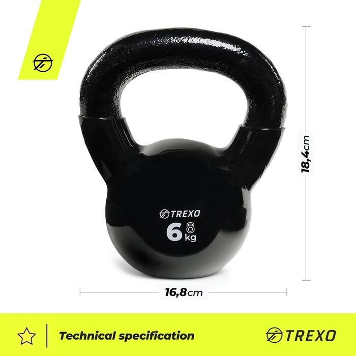 Гиря чавунна TREXO з вініловим покриттям 6 кг для фітнесу та тренувань вдома і в залі