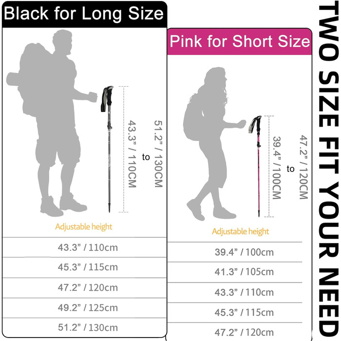 Трекінгові палиці Covacure, складані, алюмінієвий сплав 7075, для жінок, чорні, 110–130 см