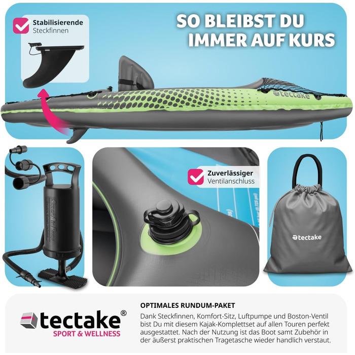 tectake® Надувний каяк-каное для 1 особи з веслом, сидінням, насосом і сумкою для транспортування, для водного спорту, риболовлі та відпочинку