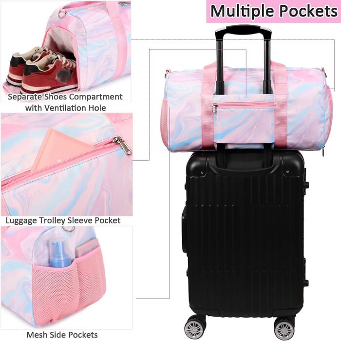 Спортивна сумка для дівчаток, сумка для подорожей, танцювальна сумка, спортивна сумка для фітнесу, плавання. Водостійка сумка з відділенням для взуття, рожевий мармур.