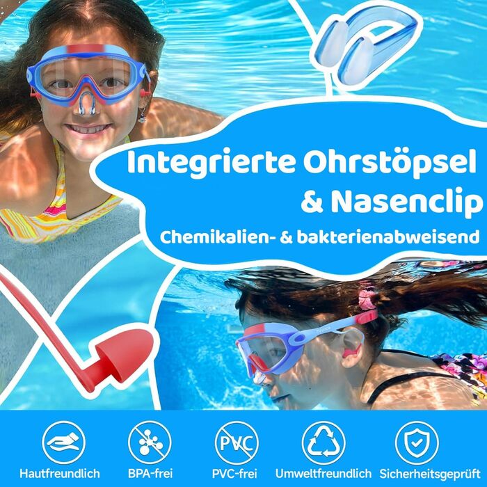 Дитячі окуляри для плавання Vvinca з носовими затискачами, широким оглядом, захистом від запотівання та UV-фільтром, водонепроникні, для дітей 3-14 років (2 шт. - блакитно-червоний та блакитно-жовтий)