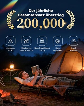 Ліжко туристичне KingCamp складане, ультралегке, для дорослих, компактне, чорне – для кемпінгу, риболовлі, подорожей та офісу
