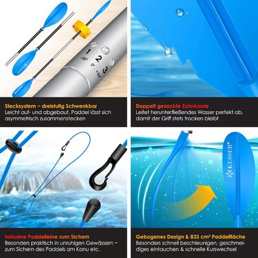 Весло KESSER® Paddle з подвійним лезом - 4 частини для каяка, SUP, стінд-ап паділбордингу, 228 см, алюміній. Включає страхувальну мотузку, чохол для телефону, дошка для серфінгу.