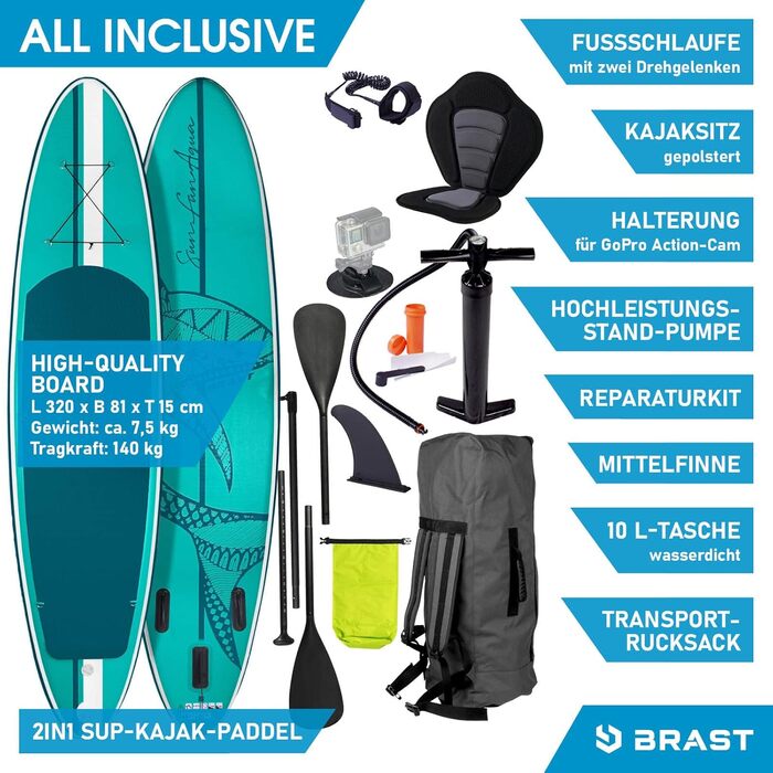 Надувна SUP-дошка BRAST Shark 300-320 см з аксесуарами: весло 2-в-1, сидіння для каяка, тримач для камери, ремінь на ногу, насос, рюкзак, гарантія 5 років
