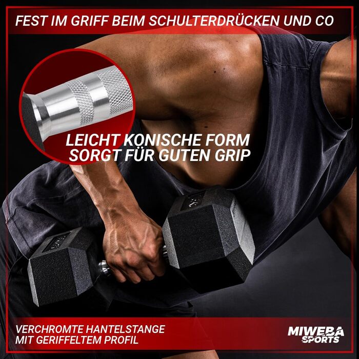 Гантелі шестигранні Miweba Sports HGH100, 2,5-30 кг, пара, гантельний набір, гантелі з литого чавуну, ергономічна ручка, вага 5 кг, професійні короткі гантелі