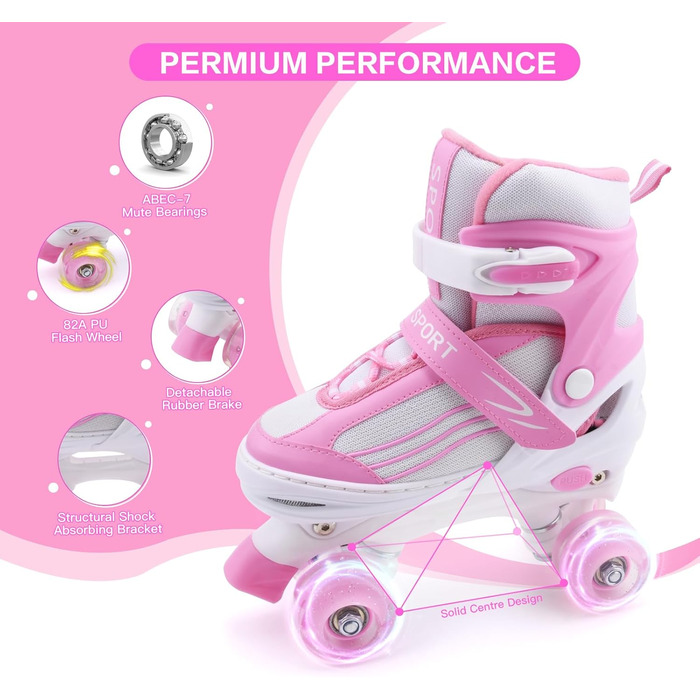 Дитячі ролики Kinder Rollschuhe для дівчаток та хлопчиків, регульовані, з підсвічуванням, кольори: білий та рожевий, розмір EU 28-32