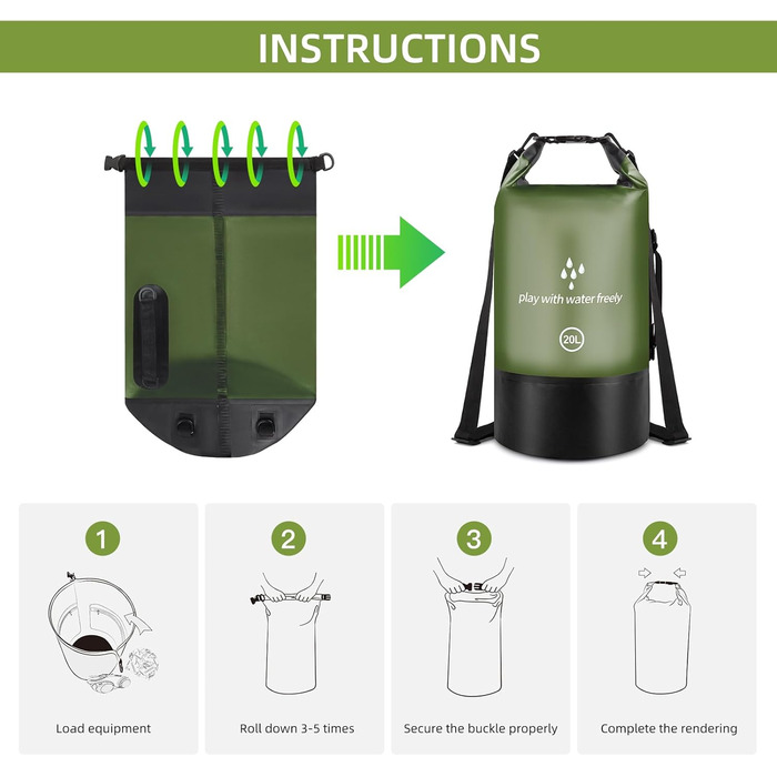 Водонепроникний мішок-сумок Dry Sack 20 л Roll-Top від GES, з кишенею для телефону, для каякінгу, човнів, походів, каное, рафтингу, плавання, кемпінгу та риболовлі (армійний зелений)