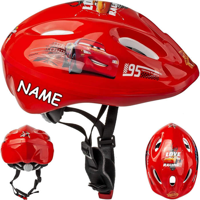 Дитячий велосипедний шолом Cars Lightning McQueen, розмір 52-56 см, регульований, TÜV сертифікат, для дітей 3-15 років, з можливістю персоналізації імені, alles-meine.de GmbH