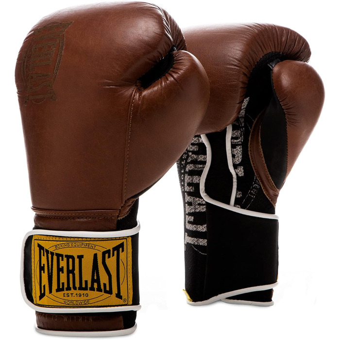 Боксерські рукавички Everlast 1910 Classic з натуральної шкіри, для тренувань з мішком та лапами, на липучці, потрійна амортизація, ергономічне зчеплення – Оригінальні Everlast, Колір: Коричневий, Розмір: 14OZ