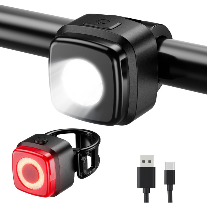 Набір велосипедних фар IPX5, водонепроникна передня та задня лампа, USB Type-C, акумуляторна, чорна