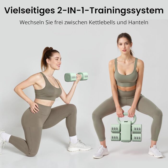 Регульований гантельний комплект 2-в-1 для жінок – 4 рівні (1-5,5 кг) – обладнання для фітнесу вдома, зелені гантелі