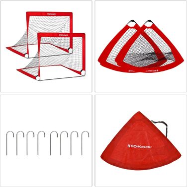 Ворота для футболу SONGMICS для дітей, 2 шт., Pop-up, 90x120x90 см, швидкий монтаж, для саду, парку, пляжу, стійки з скловолокна, Oxford-тканина та поліестерна сітка (Червоний)