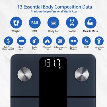 Ваги для аналізу складу тіла Vitafit з Bluetooth, до 180 кг, вимірювання жиру, м'язової маси, ІМТ, білка, BMR, чорні, з додатком