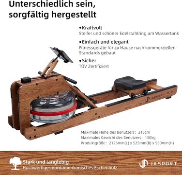 JASPORT R1: Гребний тренажер для дому з масивного дерева (Еш) з комп'ютером та кріпленням для планшета | JASPORT