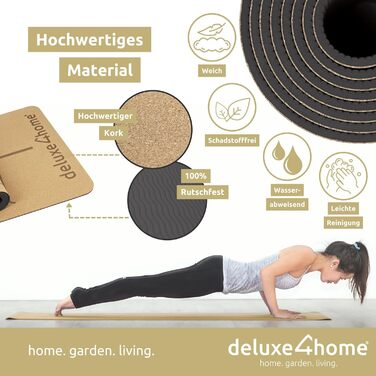 Йога мат Kork Deluxe4home® з TPE: антиковзка фітнес-тренувальна килимок для йоги та пілатесу з ручкою, з розміткою, чорний