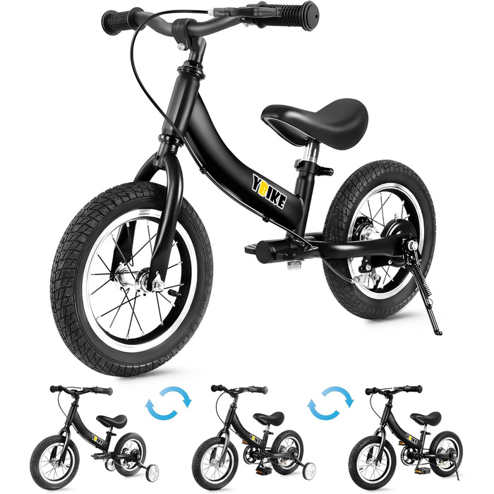 YBIKE 2-в-1: Біговел та дитяче велосипед, 12/14/16 дюймів, з гальмом та педалями, для дітей 1-7 років (Чорний, 16 дюймів)