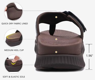 Чоловічі шльопанці KuaiLu для відновлення та ходьби: регульовані ортопедичні шльопанці з товстою підошвою, спортивні, з амортизацією, для чоловіків. Водонепроникні, легкі, м'які, комфортні, з підтримкою склепіння стопи (темно-коричневі, 40 EU)