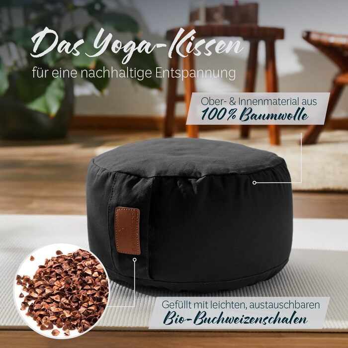 Йога болстер rundes 30см x 15см | Знімний чохол | Наповнений органічною лузгою пшениці або органічною лузгою гречки | Йога подушка для Інь-йоги та медитації, гречка чорна