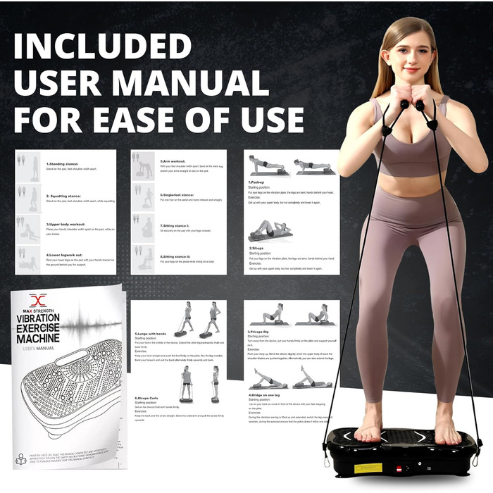 Платформа для тренувань MAXSTRENGTH з вібрацією | 99 рівнів інтенсивності та 5 програм | Тренування всього тіла | Домашні фітнес-прилади з Bluetooth-динаміками та еластичними стрічками (Чорний)