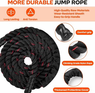 Важкий скакальний трос, фітнес-канат, бойові троси, 280 см / 0,6 кг, вага 280 см / 0,6 кг, тренувальний трос з ручками для розвитку сили, м'язів та загальної фізичної форми (Чорний/Червоний)
