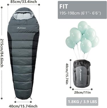 Спальний мішок BISINNA Mumienschlafsack -10°C - 5°C [400GSM] для туризму, кемпінгу та подорожей (сірий)