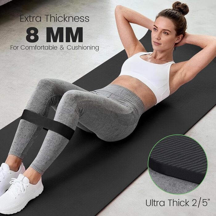 Килимок для йоги Soontrans 183x68 см, 8 мм, TPE з опорами, наколінниками та еспандером. Чорний