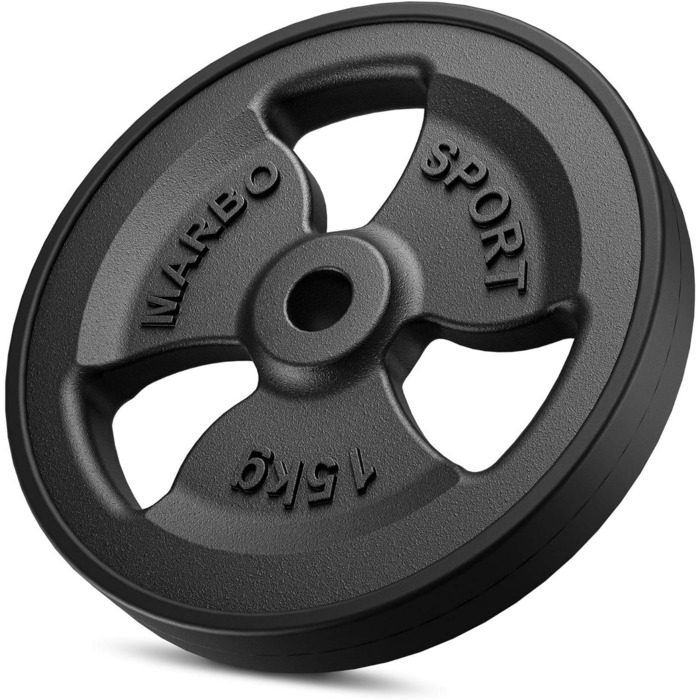 Набір дисків для штанги Marbo Sport Tri-Grip з чавуну з гумовим покриттям, отвір 31 мм, 2x5 кг, 2x10 кг, 2x15 кг