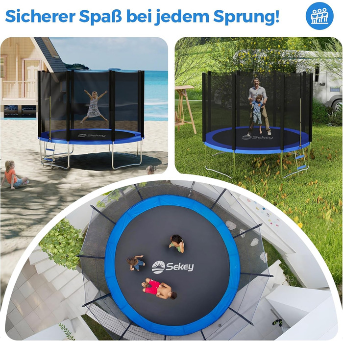 Батут Sekey Outdoor 244/305/366 см - сертифікований TÜV Rheinland GS, дитячий, для саду, з безпечним мотузковим драбиною, посиленим захисним сіткою та захисним бортиком, блакитний (305 см/10 футів)