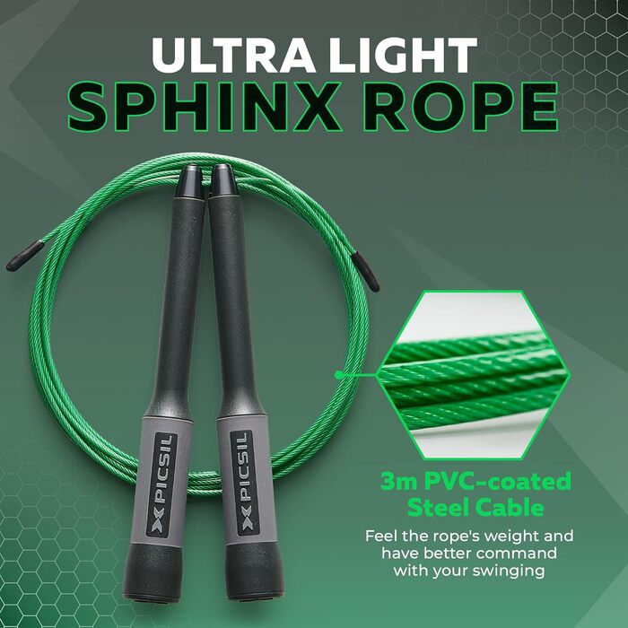 Picsil Sphinx Speed Rope – легке та міцне скакалка для кроссфіту, фітнесу, боксу, професійна скакалка з подвійним підшипником, високоякісні матеріали, чорна