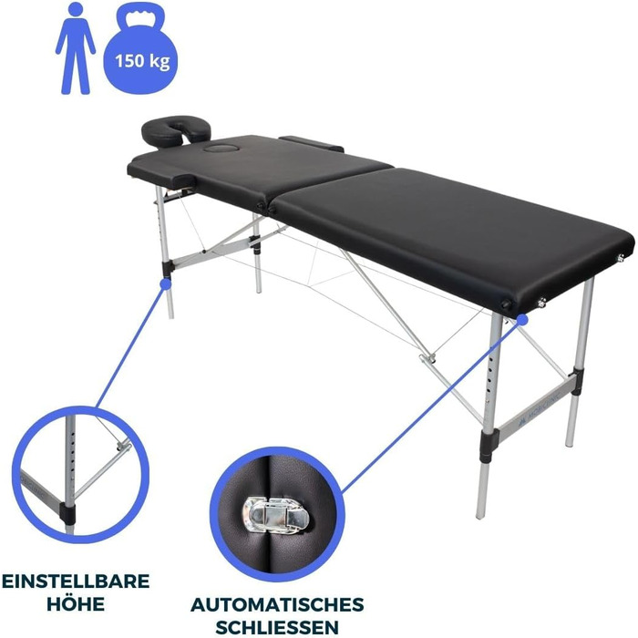 Складаний масажний стіл Mobiclinic® CA-01 Light: алюміній, штучна шкіра, регулювання висоти, 186x60 см, 150 кг, з сумкою