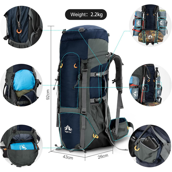 Рюкзак Night Cat 90L для трекінгу, подорожей і кемпінгу, туристичний рюкзак для чоловіків і жінок, дихаючий, для гір, велосипедних і піших походів, синій