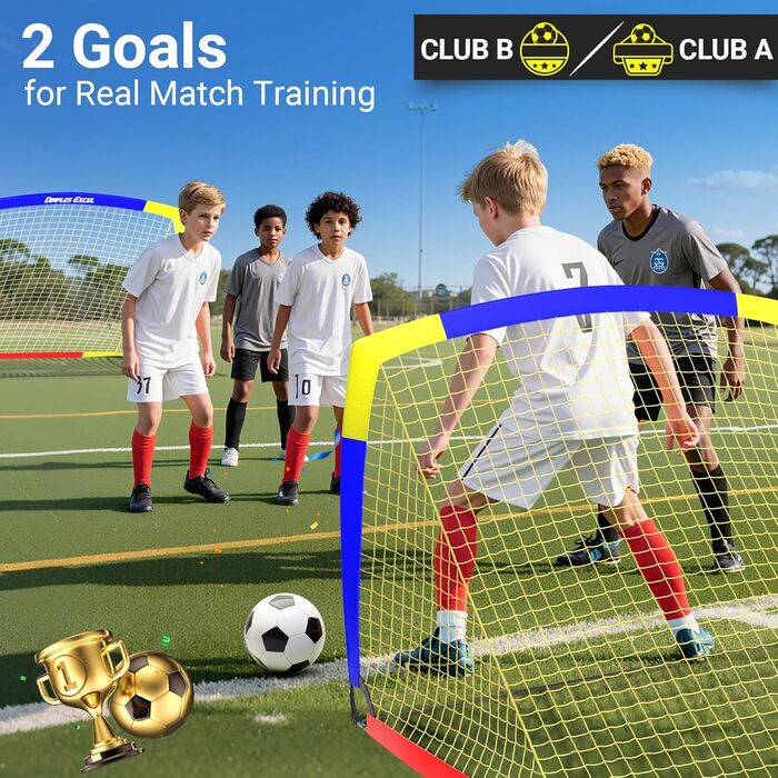 Ворота для футболу Dimples Excel Pop-Up – розкладні для дітей | Набір 1 або 2 шт. | Розміри 120x90 / 152x110 / 213x152 см | 3 кольори | З м'ячем, насосом, конусами та мішенню | Для саду та подарунка