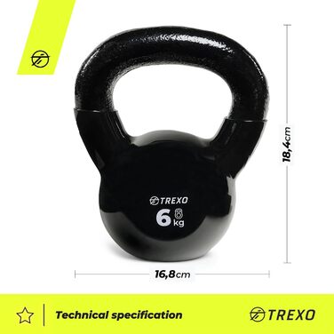 Гиря чавунна TREXO з вініловим покриттям 6 кг для фітнесу та тренувань вдома і в залі