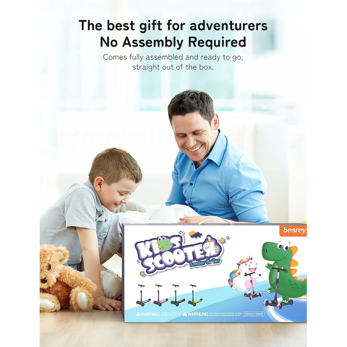 Дитячий самокат Besrey з великими колесами, світлодіодними ліхтарями та регульованою висотою, для дітей 3-8 років (Рожевий, Єдиноріг)