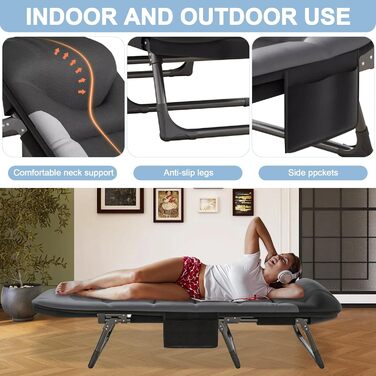 Кемпінгове ліжко AlpineAura - широке, складне, 190x65x30 см, 6 положень, для відпочинку на природі, чорне