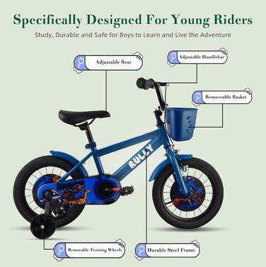 Дитяче велосипед RULLY Динозавр для хлопчиків 2-7 років, 12/14/16 дюймів, BMX, з додатковими колесами, блакитний