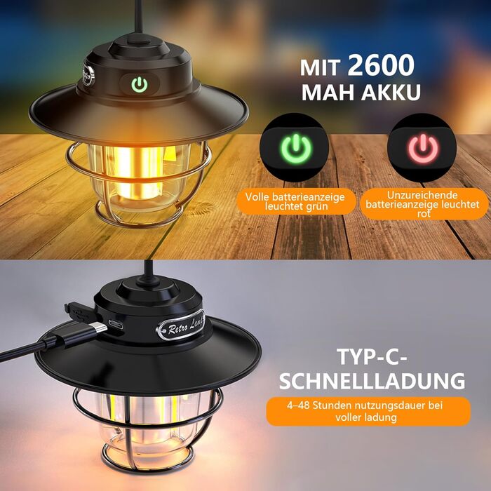 LED кемпінговий ліхтар: портативна налобний ліхтар для кемпінгу, риболовлі, з 4 режимами освітлення, регулюванням яскравості, водонепроникний (IP65), USB-зарядка, чорний